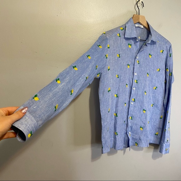Idillio Positano Embroidered Lemon Long Sleeve Linen Button Up Shirt Men's Large - Picture 5 of 8